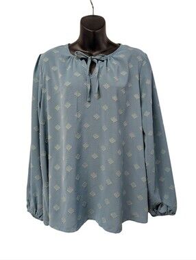 Threadgrit Teal Blue Textured Clip Dot Blouse Tie Neck Keyhole Top Size L NWT